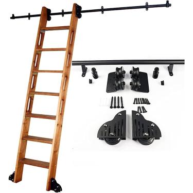 Imagem de Biblioteca rolamento de escada trilha Full Set Hardware, com ladrilho de aço carbono de ladda de lada móvel da roda do piso, kit de porta de celeiro deslizante (sem escada), kit de faixa de