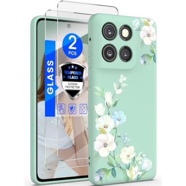 Imagem de Yucenx Capa para Motorola G Stylus 5G 2025 com 2 películas de vidro temperado, capa de telefone de silicone líquido floral para meninas, mulheres, capa de proteção macia à prova de choque (hibisco)