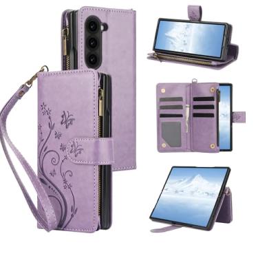 Imagem de Asuwish Capa de celular para Samsung Galaxy Z Fold 6 5G 2024 carteira com alça de pulso flor flip zíper suporte para cartão de crédito suporte ZFold6 Z6 G Fold6 6Z mulheres meninas roxo