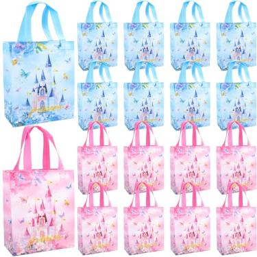 Imagem de Keioy 16 peças de sacos de lembrancinha de festa de príncipe e princesa com alças reutilizáveis, não tecidos, sacos de guloseimas para doces e doces, azul e rosa, ideal para chá de bebê, aniversário,