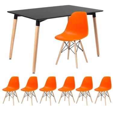 Imagem de Mesa De Jantar Retangular Eames 80 X 120 Cm Preto + 6 Cadeiras Eiffel Dsw Laranja