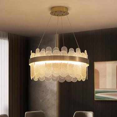 Imagem de 7PM Lustres De Vidro Dourado, Lustre Redondo, Lustres Modernos De Led Para Sala De Jantar, Cozinha, Ilha, Sala De Estar, Quarto, Hall De Entrada, Acabamento Em Latão, Regulável Em 3 Cores, D23,6 X