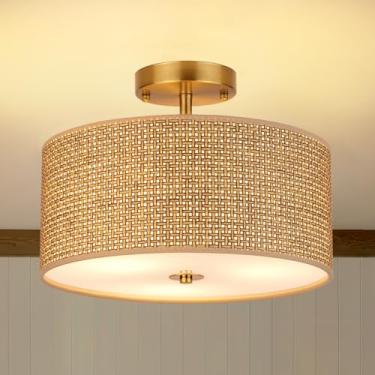 Imagem de CLARSYNE Luminária De Teto Estilo Boho, Feita De Rattan Trançado, De 13 Polegadas, Com 3 Lâmpadas Semi-Embutidas E Cúpula De Tecido, Iluminação Rústica Marrom Para Quarto, Sala De Jantar, Sala De Es