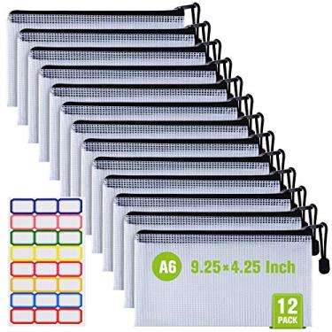 Imagem de 12 unidades de bolsa de lápis de malha de plástico, pastas de arquivos de documentos à prova d'água resistentes a rasgos, bolsa organizadora de documentos com zíper para escola, escritório, negócios,