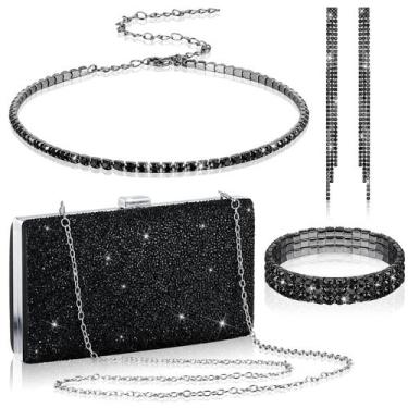 Imagem de Conjunto de joias Kigeli Rhinestone Evening Clutch Bag Feminina Preta
