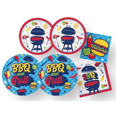 Imagem de Conjunto de artigos de festa para churrasco e churrasqueira, pratos de papel de 18 cm e 23 cm, guardanapos, 16 unidades cada, tema de churrasco de verão