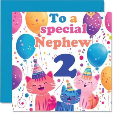 Imagem de Stuff4 Cartão de aniversário 2nd Nephew - Cute Cats Special Nephew - Cartão de feliz segundo aniversário para sobrinho de tia tio, 145 mm x 145 mm, 2 anos, dois cartões comemorativos para sobrinho