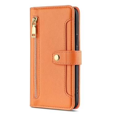 Imagem de LYJSMGZ Capa carteira com zíper para iPhone 16E, capa flip de couro liso com compartimentos para cartões, capa de telefone com borda macia, capa de proteção completa, laranja, 16E