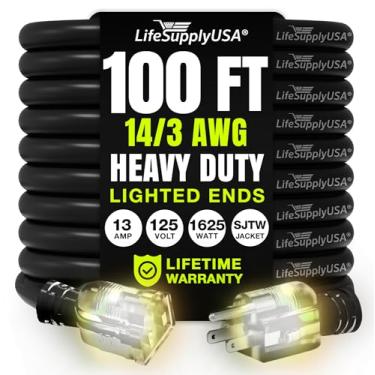 Imagem de Cabo de extensão de 30,5 m 14/3 SJTW com extremidade iluminada - Preto - Durabilidade extra para uso interno / externo resistente 13 AMP 125 Volts 1625 Watts da LifeSupplyUSA