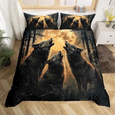Imagem de Conjunto de capa de edredom de lobo uivante, tamanho casal, floresta, lua, noite, para crianças, adolescentes, lobo feroz, animal selvagem, natureza, árvore, paisagem, capa de edredom, 2 fronhas (sem