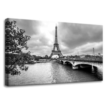 Imagem de Pacimo Arte de parede em tela preta e branca, decoração da Torre Eiffel de Paris do Sena, pintura para decoração de casa, paisagem urbana, França, emoldurada, pôsteres para sala de estar, quarto, 41 x