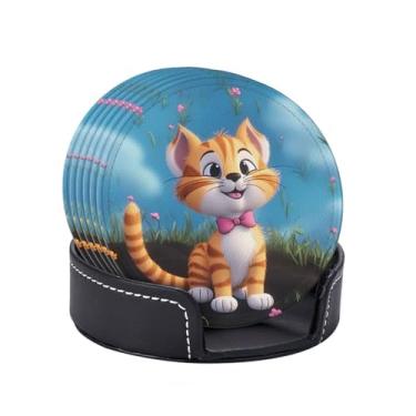 Imagem de Porta-copos para bebidas porta-copos de couro absorvente com suporte conjunto de 6 porta-copos engraçados de gato de desenho animado tapete de copo para bebidas para mesa de café, xícara de mesa, bar