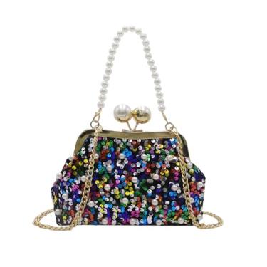 Imagem de Amamcy Bolsa de mão feminina brilhante com lantejoulas com glitter e alça de pérola, para formatura, festa de casamento, Multicor, One Size