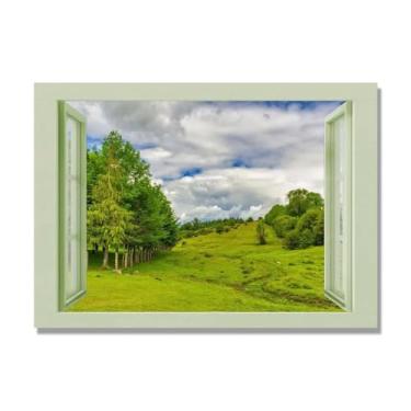 Imagem de Janela de arte de parede com impressão em tela. Visualização de janela falsa. Impressão de imagem natural em tela. Arte de parede para sala de estar (floresta verde) 40 x 56 cm-15,7 x 20,1 pol sem