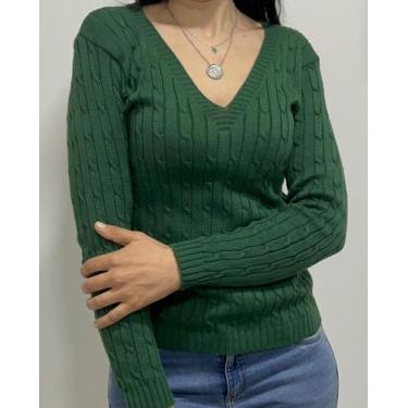 Imagem de Blusa Feminina Amei Trico Decote Em V Sueter Inverno, Verde