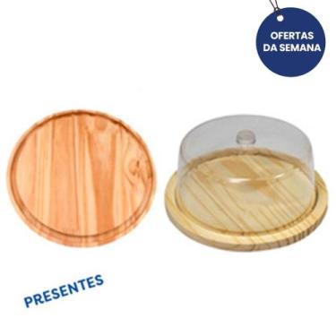 Imagem de KIT 2pçs, Tábua de Madeira Natural Redonda 29cm e Boleira com Tampa de
