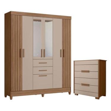 Imagem de Guarda Roupa Solteiro Malta com Espelho e Cômoda Dhara Carvalho Fendi 