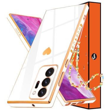 Imagem de Shorogyt (Capa de coração 3 em 1 para Samsung Galaxy Note 20 Ultra 5G/4G 6,9 polegadas mulheres bonito estético amor corações padrão meninas ouro branco luxo design feminino capa capa + corrente para