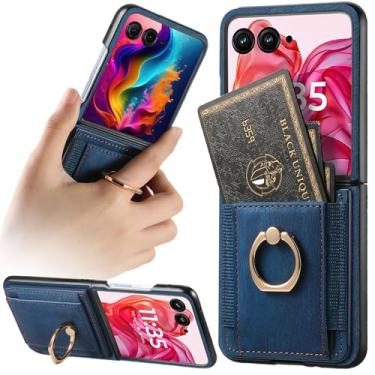 Imagem de Fofvccv Capa para Motorola Moto Razr+ Plus 2024 com suporte para cartão, suporte de anel giratório integrado, capa protetora flip de couro PU para Moto Razr Plus 2024/Moto Razr 50 Ultra ZCK azul