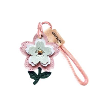 Imagem de Capa de couro compatível com AirTag, linda capa protetora com chaveiro e cordão, antiarranhões e rastreador GPS para chaves, bolsa, animais de estimação (Sakura B)