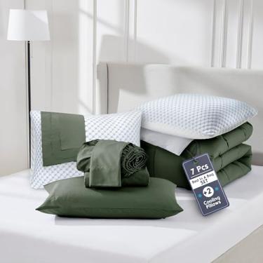 Imagem de Nestl Conjunto de edredom Queen de 9 peças – Cama reversível verde-oliva em uma bolsa – Conjunto completo de cama queen size com lençóis, travesseiros refrescantes, fronhas e fronhas