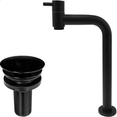 Imagem de Dona D Cor, Torneira Banheiro Fria Preto Fosco Bica Alta 90 Graus E Valvula Click 7/8 Inox Torneira 90° Água Fria E Ralo De Pia