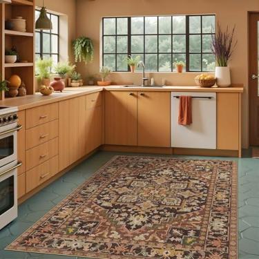 Imagem de Tapetes laváveis Boho antiderrapante resistente a manchas Tapete fino vintage azul-marinho estampado oriental envelhecido 15 x 23 para sala de estar quarto pilha baixa