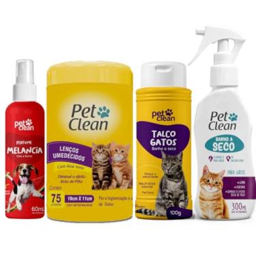 Imagem de Kit Higiene Completo para Gatos, Banho a Seco Gatos, Talco, Lenço Umedecido, Perfume Pet Clean (Melancia)