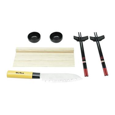 Imagem de CJ ESTEIRA P/SUSHI C/2 MOLHEIRAS DE CERÂMICA E 2 PARES DE HASHI DE BAMBU C/2 SUPORTES E FACA