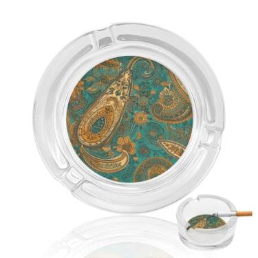 Imagem de Cinzeiro de vidro de cristal com padrão Paisley amarelo, cinzeiro redondo para fumar de vidro resistente, portátil, decorativo, moderno, para uso em casa, escritório, interior, exterior, pátio