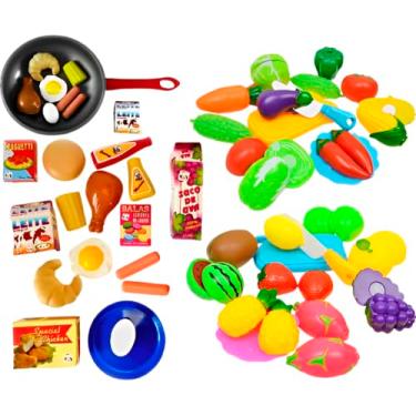 Imagem de Kit Brinquedo Comidinhas Cozinha e Mercadinho Frutas, Legumes e Acessórios C/Frigideira
