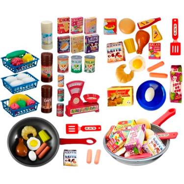 Imagem de Kit Cozinha Mercadinho Infantil Comidinhas de Brinquedo Com Frigideira Gourmet + Feirinha - 50 Peças