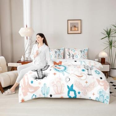 Imagem de Conjunto de cama casal de 7 peças, arco azul, ferraduras, touro, caveira, cacto do oeste, botas de caubói, chapéus, cama em uma bolsa com edredom, lençóis e fronhas, decoração de quarto de crianças