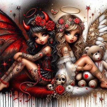 Imagem de Zythron Kits de arte de diamante para adultos, anjos e demônios, faça você mesmo, 5D, crânio, diamante, pintura de diamante, kit de pintura completa para decoração de parede de casa, presentes 35,56 x