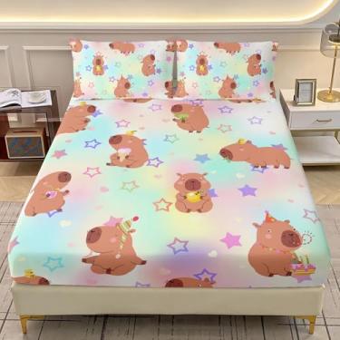 Imagem de AILONEN Jogo de lençol kawaii casal de capivara, desenho fofo de capivara, arco-íris, para meninas e crianças, lençol com elástico e 2 fronhas - 3 peças