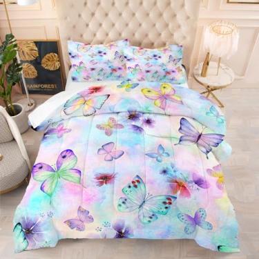 Imagem de Yadangxiawa Jogo de cama casal com estampa de borboleta, para adolescentes, com colcha e fronha (queen colorido)