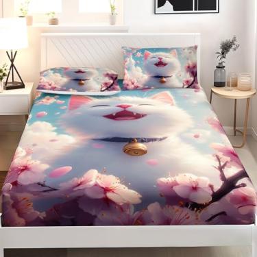 Imagem de AILONEN Jogo de lençol casal infantil kawaii, flor rosa, gatinho, gato, animal de estimação fofo, com 2 fronhas, 3 peças