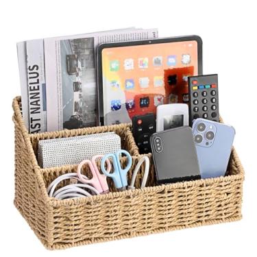 Imagem de BTSKY Bancada organizadora de correio, organizador de correspondência, cestas de armazenamento de vime, 4 compartimentos, mesa para escritório, material de corda marrom/papel
