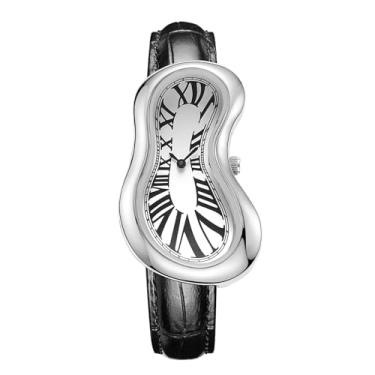 Imagem de PINTIME Relógio de pulso de aço inoxidável Melting Art – Relógio surreal masculino com algarismos romanos, design exclusivo com mostrador distorcido, relógio social casual para negócios, Prata