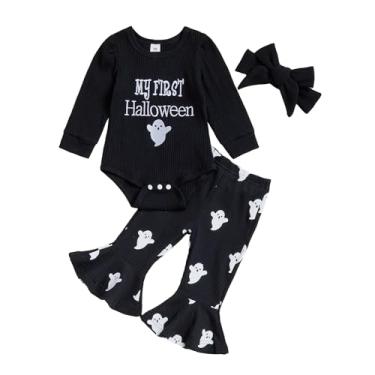 Imagem de Twopumpkin My First Halloween Baby Girl Outfit Macaquinho de fantasma recém-nascido + calcinha de sino + faixa de cabeça para bebês primeiro dia das bruxas (Meu primeiro fantasma de Halloween, preto