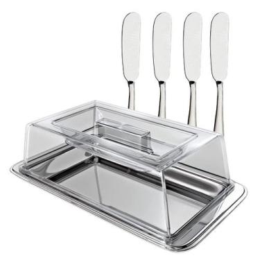 Imagem de Manteigueira Com Tampa e 4 Espátulas Manteiga Patê Inox - EURO HOME