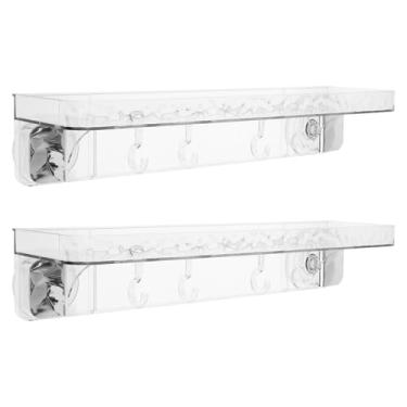 Imagem de ZJRDYYK Suporte de chuveiro com ventosa, transparente, prateleiras de chuveiro de banheiro, suporte de armazenamento com ventosa com 4 ganchos, prateleira organizadora de banheiro com ventosa (2 peças