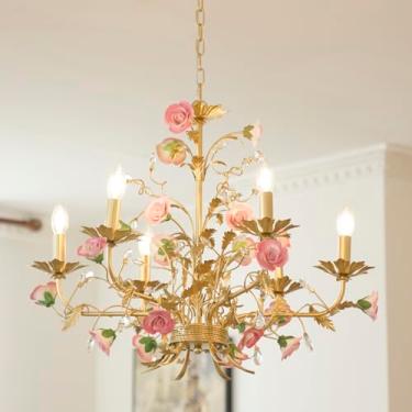 Imagem de Lustre de sala de jantar para casa de fazenda, luminária suspensa para quarto rosa, lâmpadas de árvore rústica exclusivas art déco com folhas, luminárias, hall de entrada, sala de estar, cozinha, teto