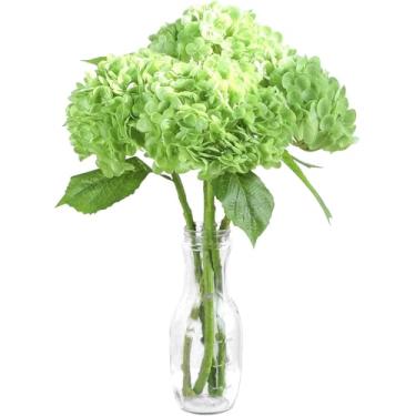Imagem de Floroom 4 peças de flores artificiais de hortênsia verde elfo de toque real, flores artificiais de hortênsia de 50 cm, flores falsas para decoração de casa, festas, arranjos florais, buquês de