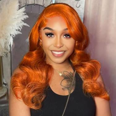 Imagem de Hihmarm 45,7 cm gengibre laranja lace front perucas de cabelo humano pré-arrancado 13x4 HD perucas de renda frontal de cabelo humano linha do cabelo natural 180% densidade ondulada do corpo perucas