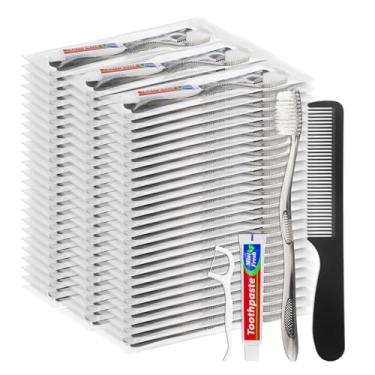 Imagem de LLHQAMT Escovas de dentes de viagem com pasta de dente, escovas de dentes descartáveis, kits de higiene a granel com palhetas de fio dental, pentes, embaladas individualmente, adequadas para casa