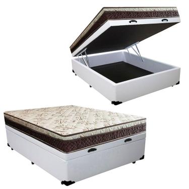 Imagem de Cama Box Baú Casal Blindado Corino + Colchão Casal Espuma Extra Firme D33 Elegance Ortopédico 64x138x188 Branco
