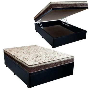 Imagem de Cama Box Baú Casal Blindado Corino + Colchão Casal Espuma Extra Firme D33 Elegance Ortopédico 64x138x188 Preto