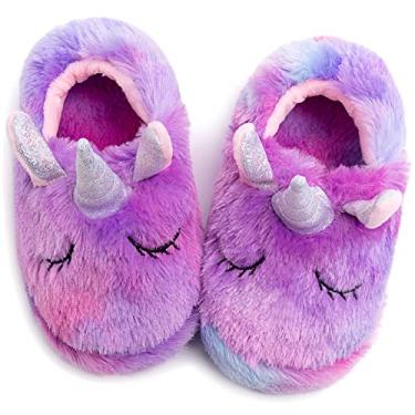 Imagem de Pantufas de unicórnio arco-íris/chinelos fofos para meninas / Pantufas femininas aconchegantes de pelúcia para ambientes internos e externos/melhores presentes de unicórnio, Sapatos de unicórnio roxo, 11-12.5 Little Kid