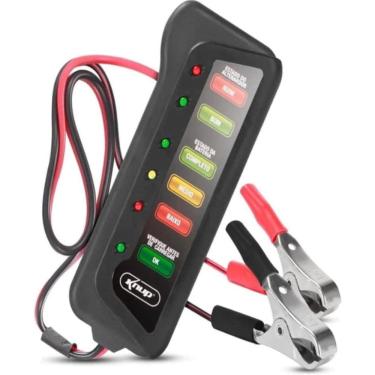 Imagem de Testador de Bateria e Alternador 12V De Carro Moto, 5 Níveis De Medição, Indicadores Em LEDs e 2 Grampos Conectores Jacaré 25cm Knup KP-BT03